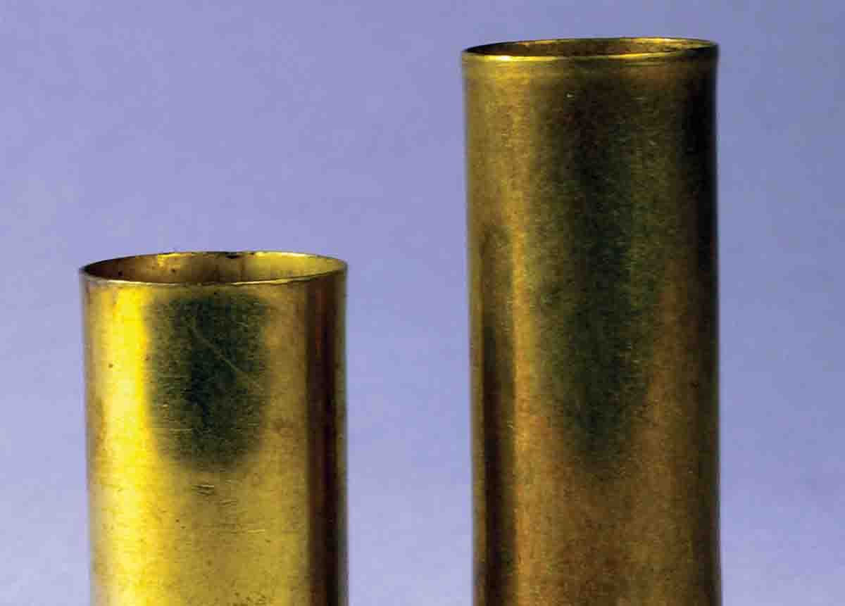 Straight-walled cases must be flared (left) at the mouth to accept a bullet for seating.